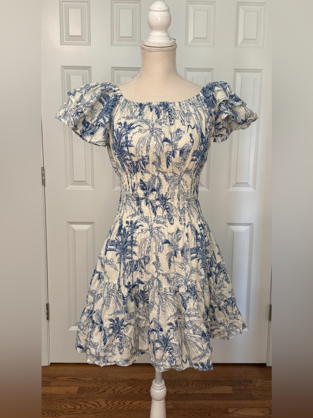 Stella Moda Positano Linen Dress S Blue White Palm Toile Smocked Mini Italy
